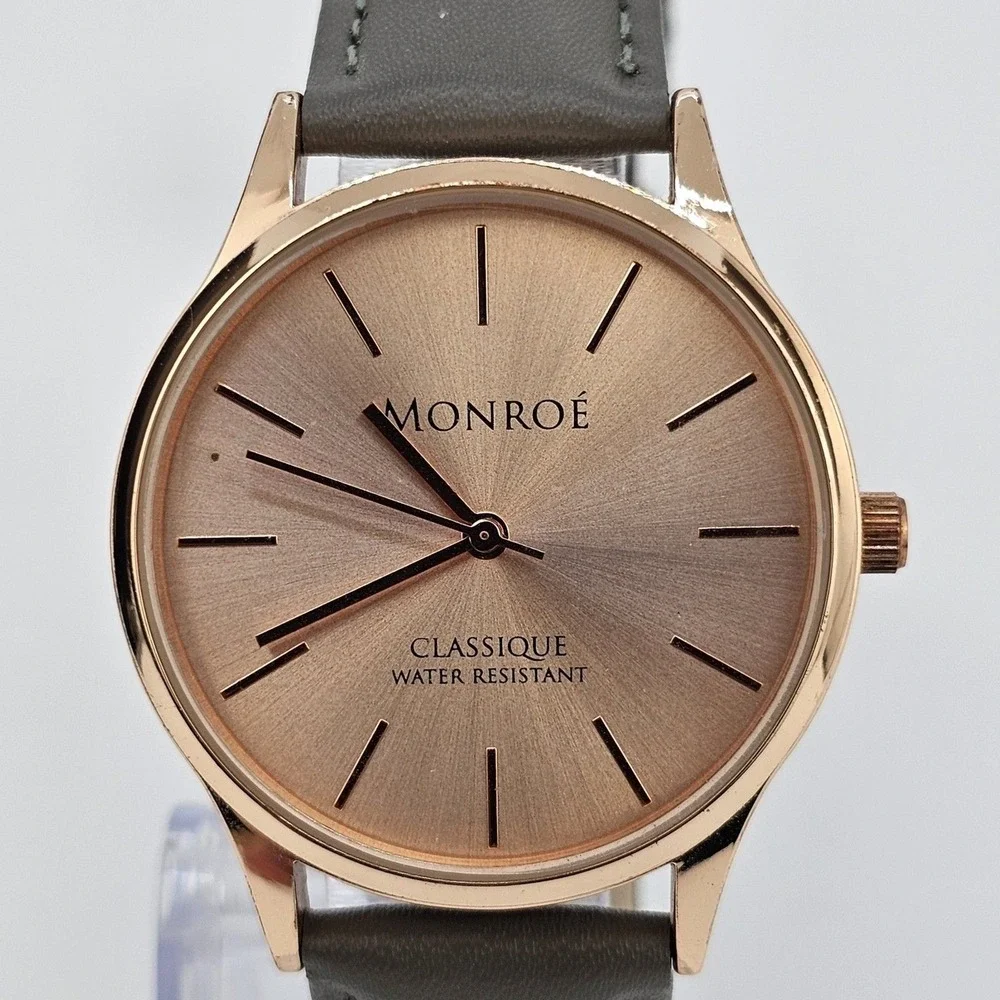 Monroe by Maestro Women Watch 36MM Gold Dial Gray Leather Band Straps NewBattery